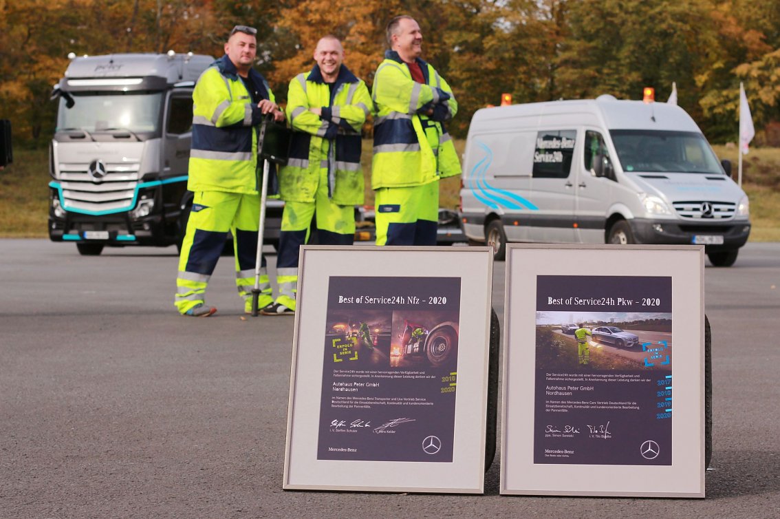 Wiederholt zeugen die Urkunden "Best of Service24h Nfz und Pkw 2020" vom professionellen Mercedes-Benz-Pannenservice im Autohaus Peter.