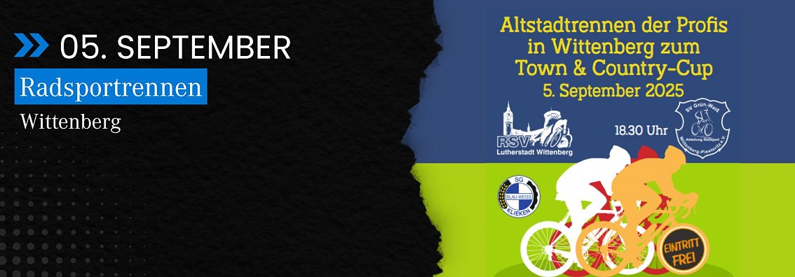 Grafik zum Altstadtrennen der Profis in Wittenberg: Am 5. September 2025 startet das Radsportevent Town & Country-Cup um 18:30 Uhr in der Altstadt, der Eintritt ist frei. Silhouetten von Radfahrern und Vereinslogos sind abgebildet.