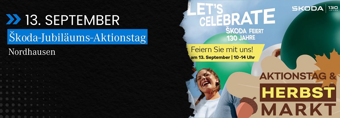 Grafik zum koda-Jubiläums-Aktionstag am 13. September in Nordhausen. Links auf schwarzem Hintergrund steht das Datum „13. September“ mit dem Hinweis „koda-Jubiläums-Aktionstag“ und dem Ort „Nordhausen“. Rechts sind eine lachende Frau, Ballons mit dem Schriftzug „Lets Celebrate“ und herbstliche Motive zu sehen.