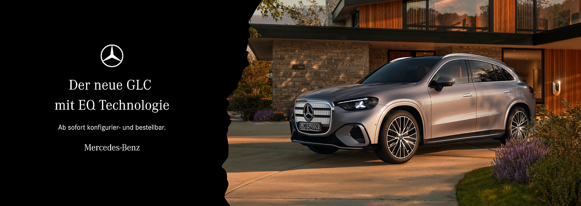 Der neue Mercedes-Benz GLC 400 4MATIC mit EQ Technologie. Energieverbrauch kombiniert: 14,9-18,8 kWh/100 km | CO2-Emissionen kombiniert: 0 g/km | CO2-Klasse: A [1] Exterieur: AMG Line; lavender silver [1] Die Angaben sind vorläufig. Es liegen bislang weder bestätigte Werte von einer amtlich anerkannten Prüforganisation noch eine EG-Typgenehmigung noch eine Konformitätsbescheinigung mit amtlichen Werten vor. Abweichungen zwischen den Angaben und den amtlichen Werten sind möglich.