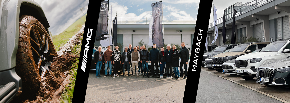 Highlight Banner vom Luxury Driving Event am Sachsenring. Links im Bild eine Mercedes-AMG Felge im Schlamm, mittig ein Gruppenfoto der Teilnehmer und rechts die Maybachmodelle aufgereiht. [Mercedes-Maybach GLS 600 | Energieverbrauch kombiniert: 14-13,7 l/100 km | CO2;-Emissionen kombiniert: 316-310 g/km | CO2;-Klasse: G] [Mercedes-Maybach SL 680 Monogram Series | Energieverbrauch kombiniert: 13,6 l/100 km | CO2;-Emissionen kombiniert: 309 g/km | CO2;-Klasse: G]