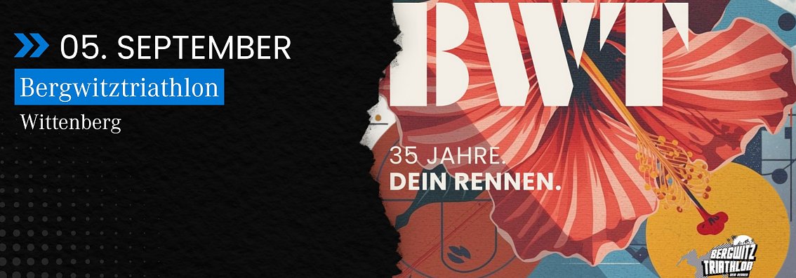 in der Mitte ist eine rote Blume. Schriftzug mit BWT in gro&szlig;en wei&szlig;en Buchstaben. Schriftzug 35 Jahre dein Rennen. unten links das Logo des Bergwitztriathlons. 