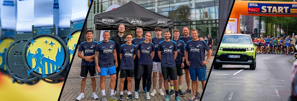 Team der Autohaus Peter Gruppe beim Erfurter Nachtlauf 2026, daneben die Finisher-Medaille und der Jeep Compass als F&uuml;hrungsfahrzeug vor dem Startfeld.