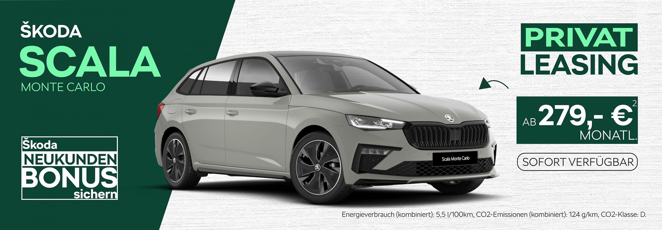 Werbebanner f&uuml;r den �koda Scala Essence im Privatleasing. Links im Bild steht in gro&szlig;en gr&uuml;nen Buchstaben: ��koda Scala Essence � Top Preis�. Rechts ist ein blauer �koda Scala von schr&auml;g vorne zu sehen. Daneben steht: �Privat Leasing ab 209,- � monatlich�. Unten klein gedruckt: �Energieverbrauch (kombiniert): 5,1 l/100 km, CO2-Emissionen (kombiniert): 115 g/km, CO2-Klasse: D�.