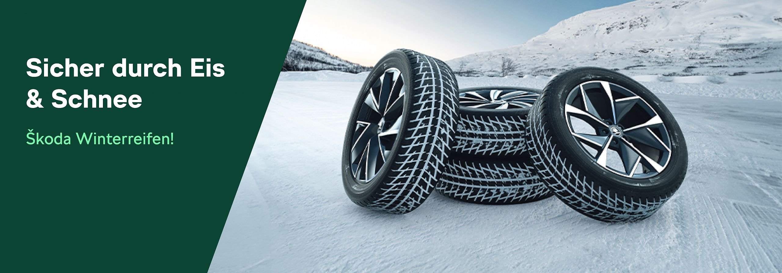 Grafik zu Skoda Winterreifen (links text, rechts Winterräder mit Winterlandschaft)
