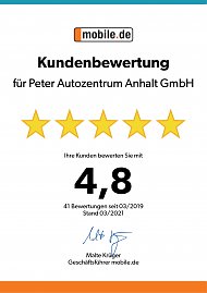 Urkunde mobile.de f&uuml;r die Peter Autozentrum Anhalt GmbH