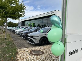Reihe neuer Škoda-Autos mit grünen Luftballons vor dem Autohaus Autowelt Peter in Nordhausen. Aufschrift am Gebäude: ‚Autowelt Peter‘. Im Vordergrund ein Schild mit dem Wort ‚Einfahrt‘.