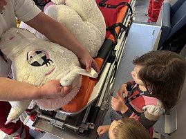 Kinder staunen, w&auml;hrend der Rettungsdienst ein Stofftier im Krankenwagen versorgt.