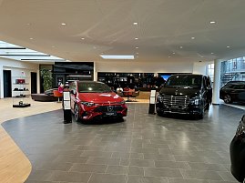 Blick in den Kundenwartebereich: Man sieht ein Pkw und ein Van, dahinter Sitzm&ouml;glichkeiten sowie Collection-Artikel.