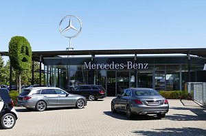 Au&szlig;enansicht eines Mercedes-Benz-Autohauses mit gro&szlig;em Schriftzug �Mercedes-Benz� an der Glasfassade. Dar&uuml;ber ein gro&szlig;es silbernes Mercedes-Logo auf dem Dach. Vor dem Geb&auml;ude stehen mehrere silberne und schwarze Mercedes-Fahrzeuge. Links eine gr&uuml;ne, in Form des Markenlogos geschnittene Buchsbaumfigur.