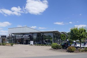 Glasfassade des Autohauses Peter mit Mercedes-Benz und Smart Logos. Vor dem Geb&auml;ude stehen mehrere Autos, im Vordergrund B&auml;ume und B&uuml;sche. Der Himmel ist blau mit vereinzelten Wolken.