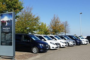 Reihe von wei&szlig;en und dunklen Mercedes-Benz Vans mit �Junge Sterne�-Schildern auf dem Parkplatz des Autohauses, links ein gro&szlig;es Werbeschild, im Hintergrund B&auml;ume und blauer Himmel.