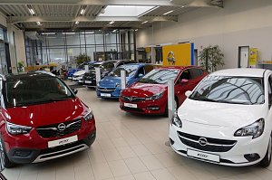 Innenansicht des Opel-Autohauses mit mehreren ausgestellten Fahrzeugen. Im Vordergrund ein roter und ein wei&szlig;er Opel, dahinter weitere Modelle in verschiedenen Farben. Die Autos stehen in einem hellen, modernen Showroom mit gro&szlig;en Fenstern, Pflanzen und gelben Opel-Designelementen. Der Boden ist gefliest.