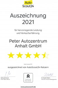 Urkunde Autoscout24 für die Peter Autozentrum Anhalt GmbH