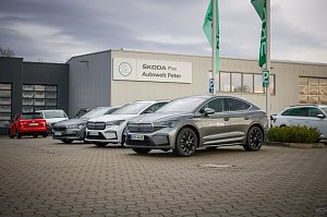 Mehrere Škoda-Fahrzeuge stehen vor dem Gebäude Škoda Plus Autowelt Peter. Zwei grüne Fahnen wehen im Vordergrund. Links im Bild parken weitere Autos.