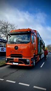 Vorderansicht eines orangefarbenen LKWs mit Aufschrift ‚SCHADE‘, der den bunt gestalteten Karnevalswagen zieht.