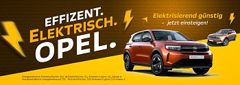 Werbung für Opel Elektroautos mit Slogan 'Effizient. Elektrisch. Opel.' Im Vordergrund ein orangefarbener Opel Frontera Electric, daneben Hinweis 'Elektrisierend günstig  jetzt einsteigen!'. (Autohaus Peter Gruppe)