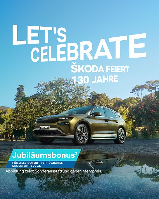 Grafik zum Jubiläumsbonus mit dem neuen Skoda Enyaq. Blauer Himmel mit Let's Celebrate-Schriftzug.