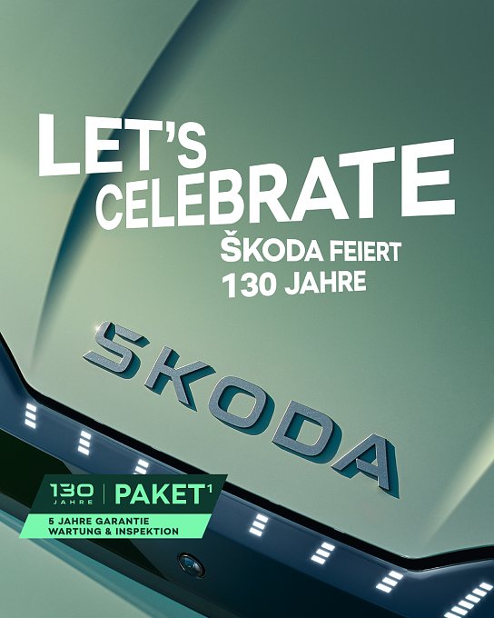Grafik mit Nahaufnahme von grüner Skoda Frontansicht und großem Schriftzug Let's Celebrate. Darunter 130 Jahre Paket