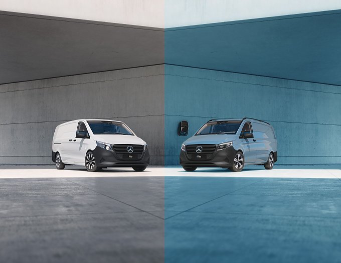 Vito und eVito stehen sich in einem urbanen Umfeld gegenüber. Der eVito Hintergrund ist leicht blau eingefärbt.