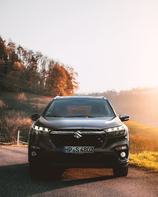 Suzuki S-Cross in grau, im Hintergrund Wiesen, H&uuml;gel und Wald